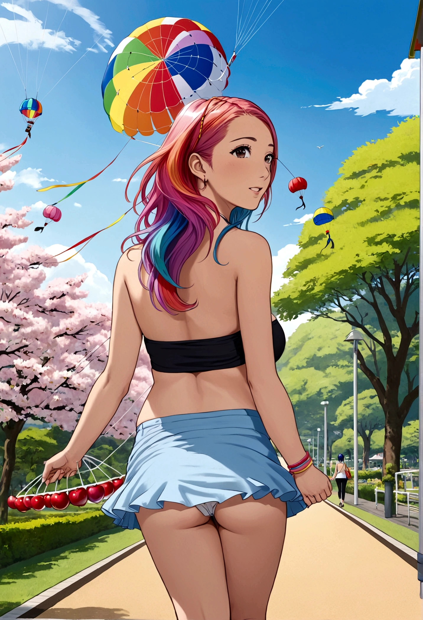 A lovely woman (miniskirt, rainbow hair, tube top, parasail) is a tourist in Japan, she is walking through a park while the cherries are in bloom, view from behind