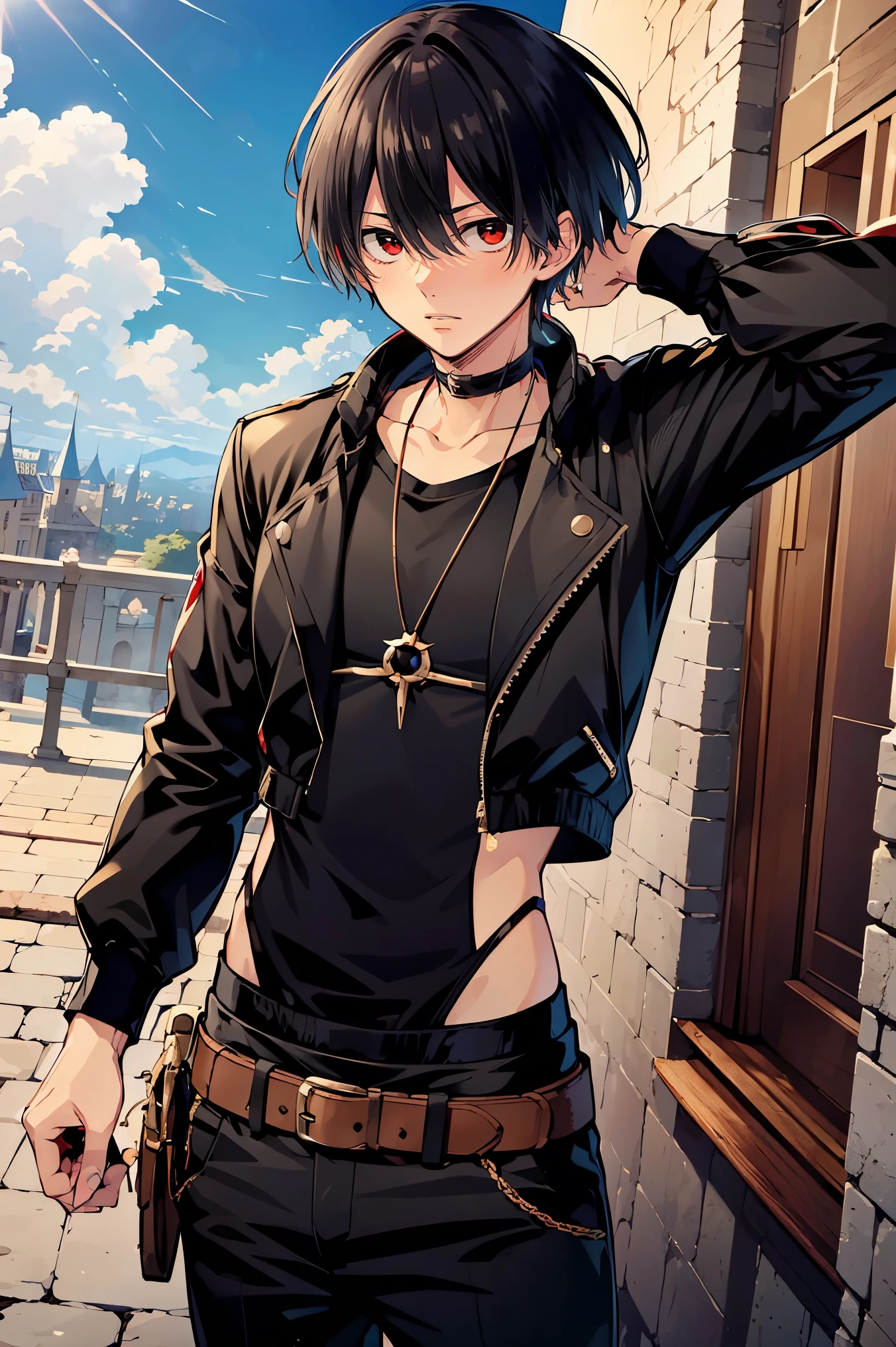 (masterpiece, best quality:1.2), rekkyou sensen,rekkyo sensen, hasuichi nishizono ,black hair, red eyes, boy, male, anime,1boy, bangs, hair between eyes, jacket, looking at viewer, male focus, short hair, solo, zipper, black underwear, silver choker, background with((fantasy world, ruin, castle, beautiful sky, shining sky, sunshine))