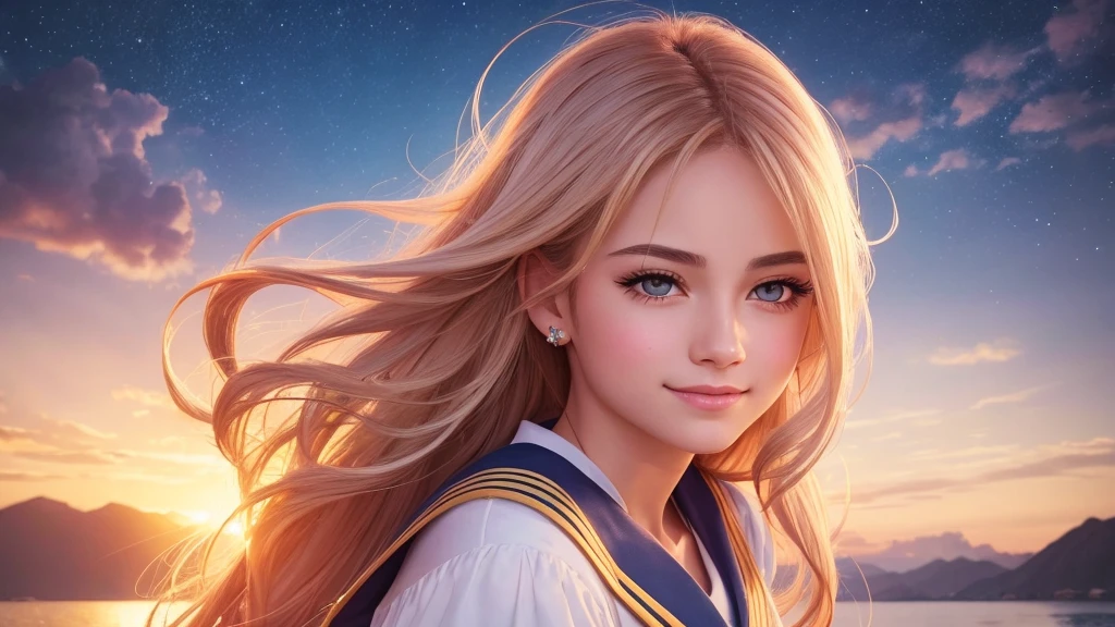 a beautiful smiling Sailor Moon, detailed portrait, magical girl in a peaceful morning sunrise, beautiful detailed eyes, beautiful detailed lips, extremely detailed face and expression, long eyelashes, intricate sailor uniform, shimmering magical girl energy, warm golden sunrise lighting, vibrant colors, cinematic composition, photorealistic, 8k, best quality, highly detailed