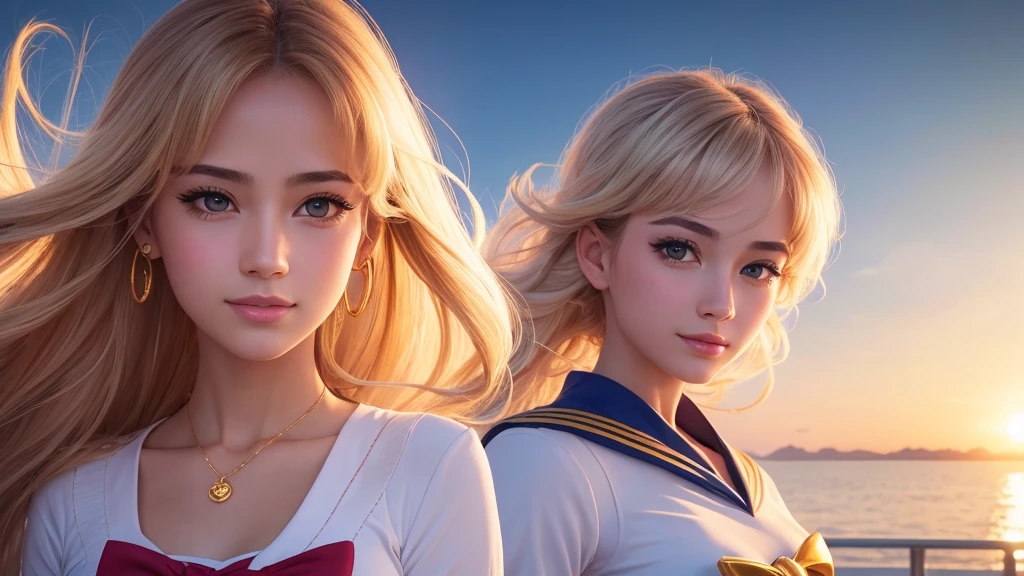 a beautiful smiling Sailor Moon, detailed portrait, magical girl in a peaceful morning sunrise, beautiful detailed eyes, beautiful detailed lips, extremely detailed face and expression, long eyelashes, intricate sailor uniform, shimmering magical girl energy, warm golden sunrise lighting, vibrant colors, cinematic composition, photorealistic, 8k, best quality, highly detailed