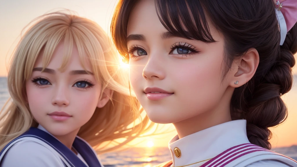 a beautiful smiling Sailor Moon, detailed portrait, magical girl in a peaceful morning sunrise, beautiful detailed eyes, beautiful detailed lips, extremely detailed face and expression, long eyelashes, intricate sailor uniform, shimmering magical girl energy, warm golden sunrise lighting, vibrant colors, cinematic composition, photorealistic, 8k, best quality, highly detailed