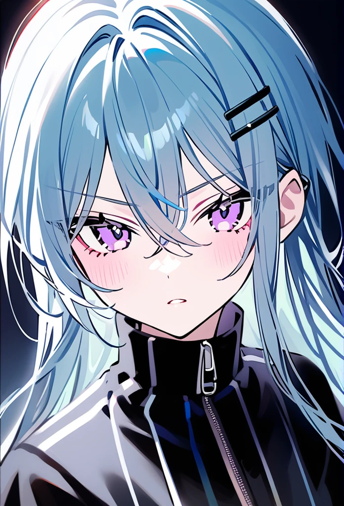 rurudo, 1girl, solo, light blue hair, lunar hair clips, purple eyes, serious face