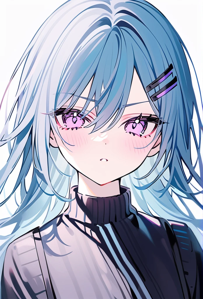 rurudo, 1girl, solo, light blue hair, lunar hair clips, purple eyes, serious face
