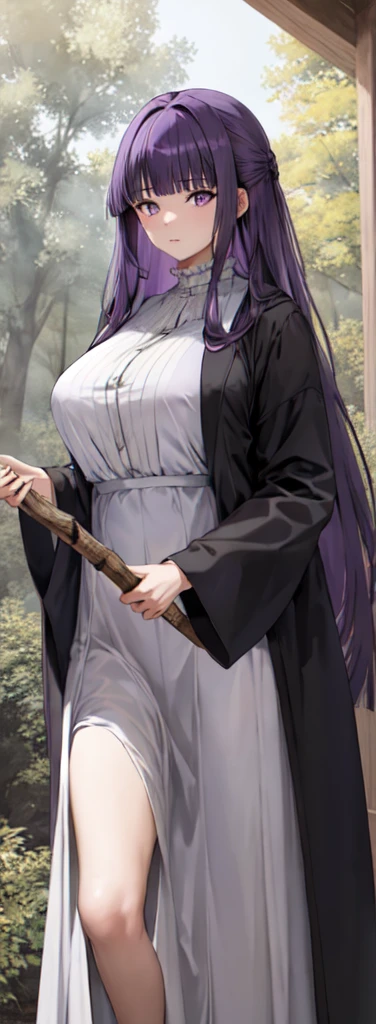 masterpiece, Highest quality, High resolution, Arfern, Long Hair, Purple Hair, Blunt bangs, Purple eyes, Large Breasts, Long dress, White Dress, Black Robe, Long sleeve, Are standing, holding staff, forest, Cowboy Shot,