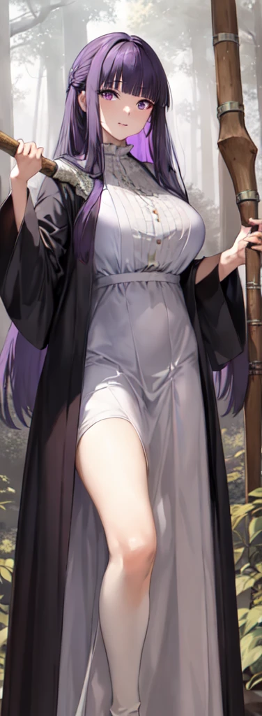 masterpiece, Highest quality, High resolution, Arfern, Long Hair, Purple Hair, Blunt bangs, Purple eyes, Large Breasts, Long dress, White Dress, Black Robe, Long sleeve, Are standing, holding staff, forest, Cowboy Shot,