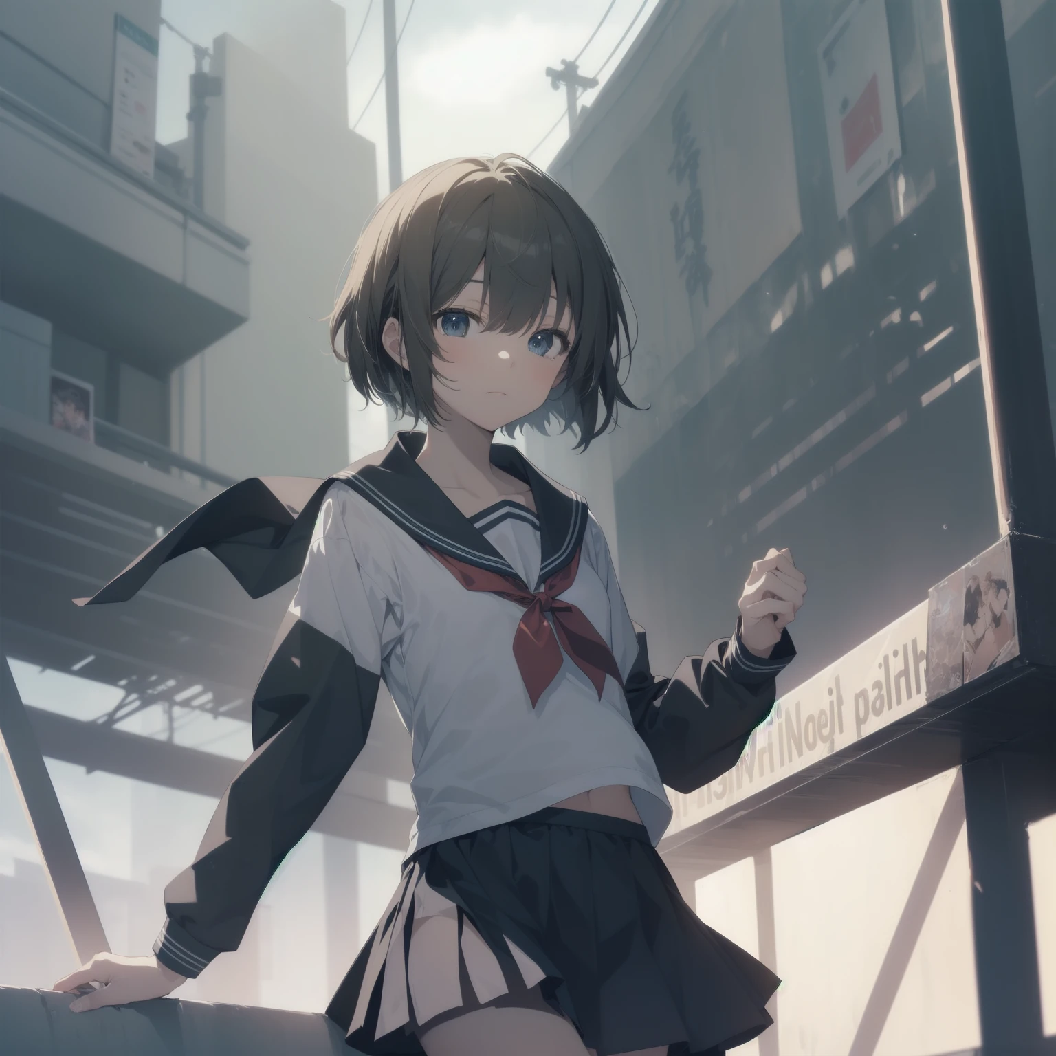 ultra-absurdres-Top quality by artist God, ultra-detailed, high resolution, anime moe artstyle, best anime 8k konachan wallpaper, pixiv contest winner, pool:2810, perfect anatomy,break, 1girl, (Please draw a girl walking sleepily to school alone. )break,(Solo,little female, 13-year-old:1.3),Full limbs, complete fingers,a junior high school student, (very short hair), short cut, flat chest, , small butt, small black eyes, beautiful detailed eyes, well-proportioned iris and pupils, expressive eyes, highres detailed hair, soft expression, salor school_uniform, sailor collar, serahuku, bow, pleated skirt,(Detailed Lighting), (Detailed background), in the School commute route. break,super detailed skin, Best cinematic lighting powered by famous artist, 8k,beauty illustration,photoshop_(medium),very aesthetic,break,((artist:saiguchi_otoufu )), artist:clamp ,artist:carnelian ,artist:kantoku ,