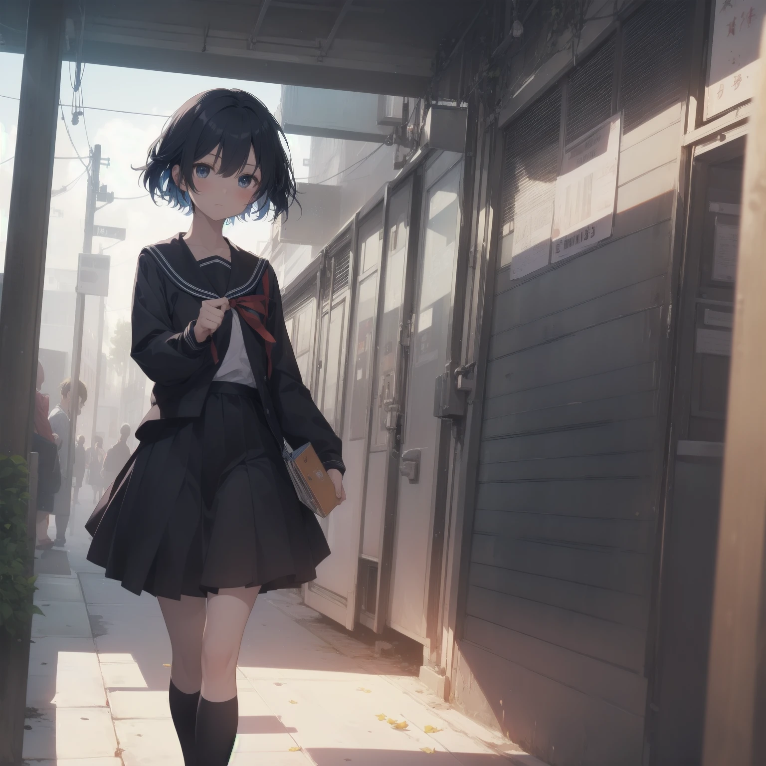 ultra-absurdres-Top quality by artist God, ultra-detailed, high resolution, anime moe artstyle, best anime 8k konachan wallpaper, pixiv contest winner, pool:2810, perfect anatomy,break, 1girl, (Please draw a girl walking sleepily to school alone. )break,(Solo,little female, 13-year-old:1.3),Full limbs, complete fingers,a junior high school student, (very short hair), short cut, flat chest, , small butt, small black eyes, beautiful detailed eyes, well-proportioned iris and pupils, expressive eyes, highres detailed hair, soft expression, salor school_uniform, sailor collar, serahuku, bow, pleated skirt,(Detailed Lighting), (Detailed background), in the School commute route. break,super detailed skin, Best cinematic lighting powered by famous artist, 8k,beauty illustration,photoshop_(medium),very aesthetic,break,((artist:saiguchi_otoufu )), artist:clamp ,artist:carnelian ,artist:kantoku ,