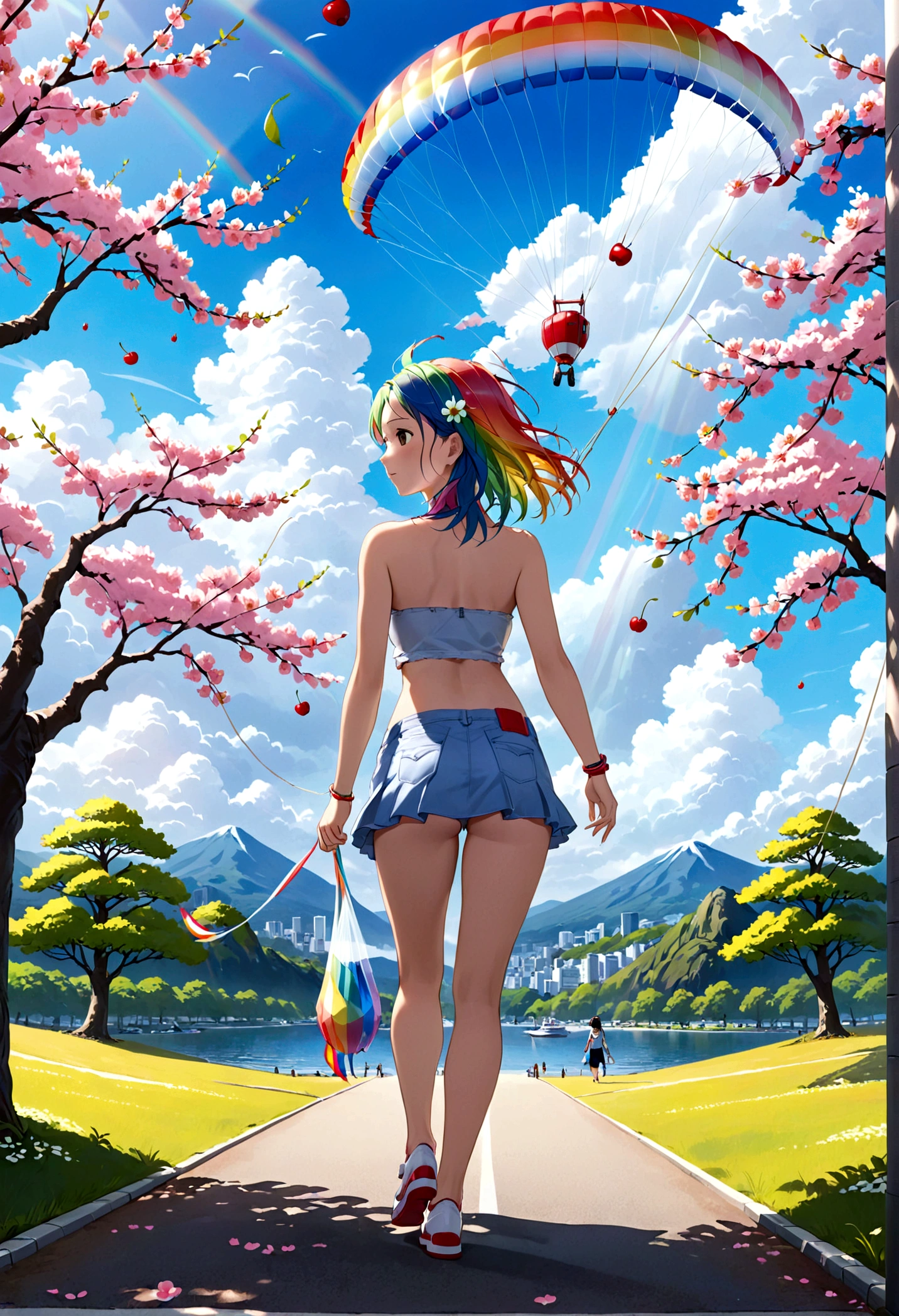A lovely woman (miniskirt, rainbow hair, tube top, parasail) is a tourist in Japan, she is walking through a park while the cherries are in bloom, view from behind