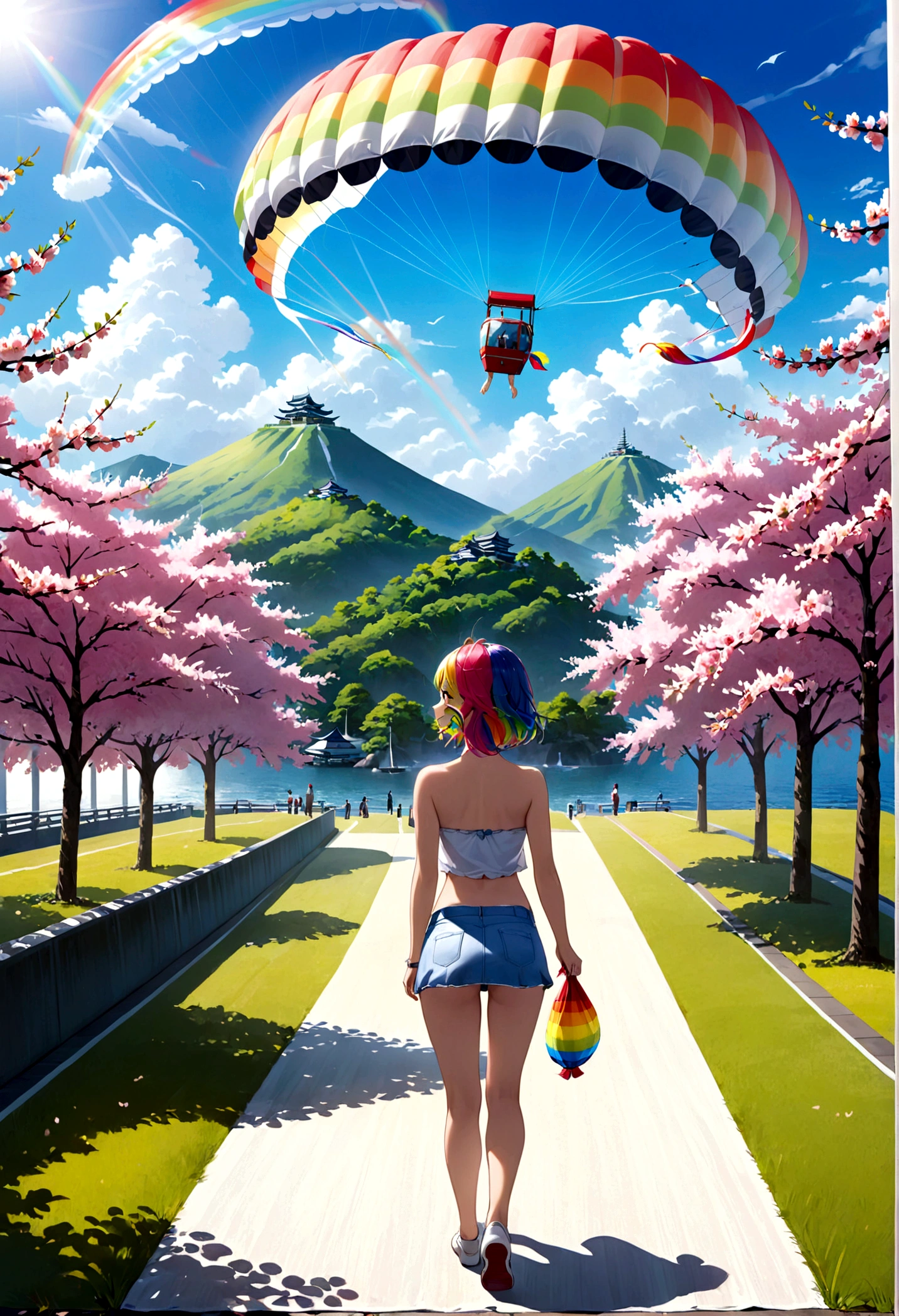 A lovely woman (miniskirt, rainbow hair, tube top, parasail) is a tourist in Japan, she is walking through a park while the cherries are in bloom, view from behind

