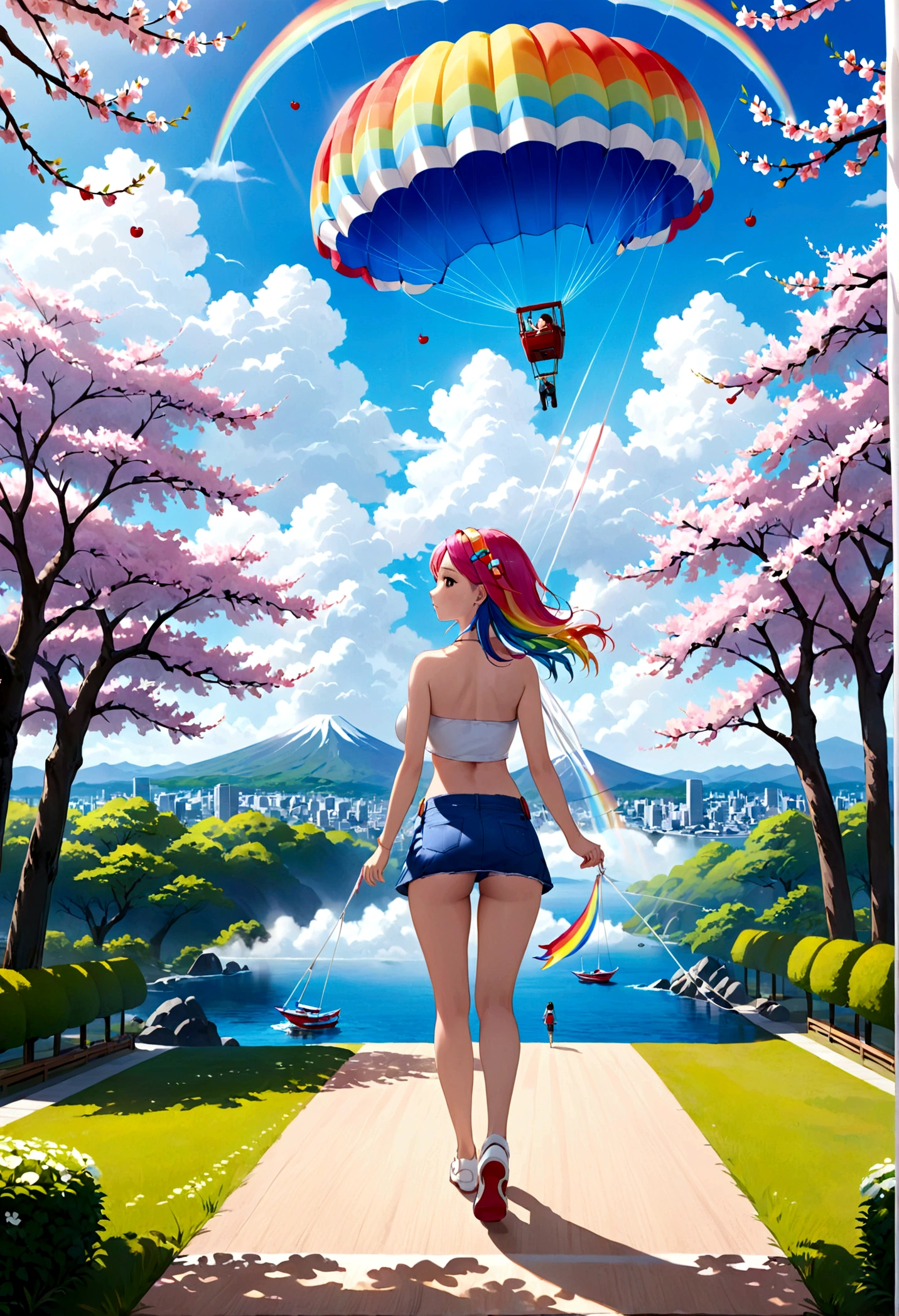 A lovely woman (miniskirt, rainbow hair, tube top, parasail) is a tourist in Japan, she is walking through a park while the cherries are in bloom, view from behind
