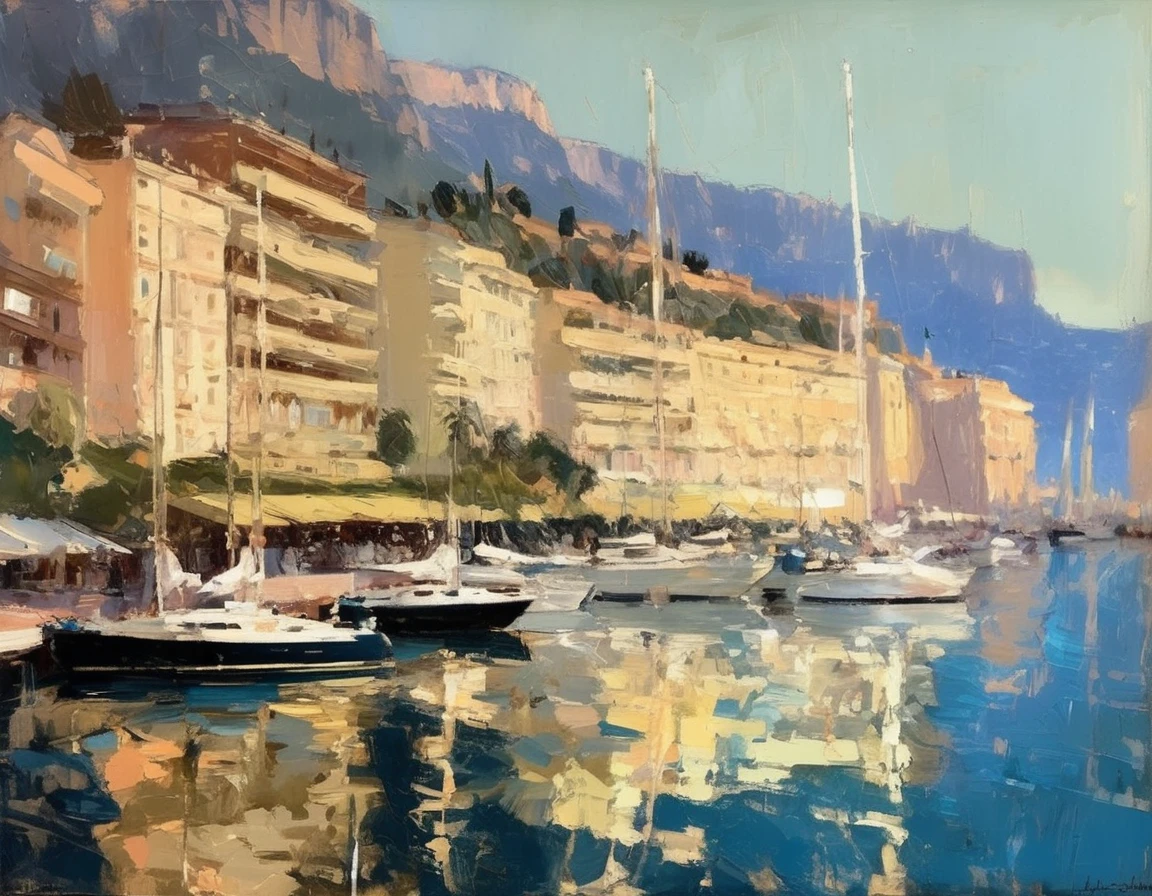 Konstantin Korovin Style - oil painting of a beautiful yacht haven in monaco. Muted colors. Artwork by Abbott Handerson Thayer.