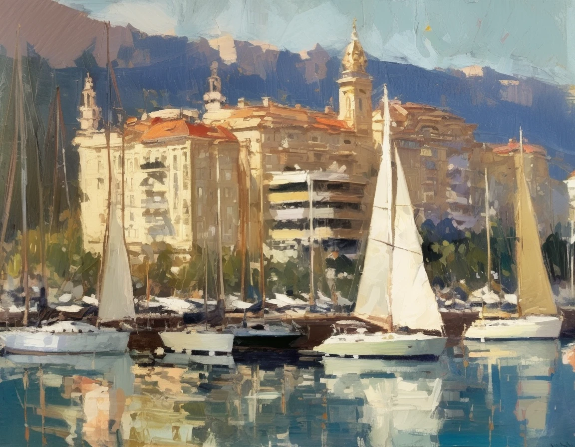 Konstantin Korovin Style - oil painting of a beautiful yacht haven in monaco. Muted colors. Artwork by Abbott Handerson Thayer.