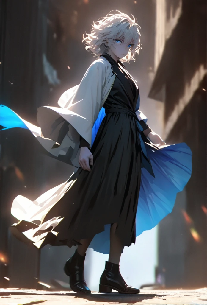 (solo), white hair, messy hair, mane hair, short hair, dense hair, wild hair, expressive hair, mature,(25 year old), pale skin, blue eyes, ((male)), wearing a black dress shirt, wearing a white cloak,, rolled up sleeves, handsome, attractive, eye reflection, depth of field, blue thunder aura, blue cinematic lighting, blue ray tracing, depth of field, cinematic lighting, blue ray tracing, UHD, high details, best quality, highres, high quality, award winning, super detail, masterpiece, 8k, UHD, high details, best quality, highres, high quality, award winning, super detail, masterpiece, 8k, digital art, anime coloring, full body shot, body shot, In a fighting position, Hand to hand combat, good face, perfect face, detailed face, good eyes, looking towards the screen.