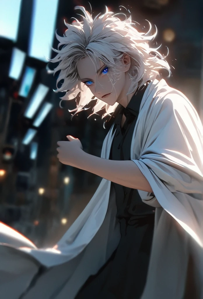 (solo), white hair, messy hair, mane hair, short hair, dense hair, wild hair, expressive hair, mature,(25 year old), pale skin, blue eyes, ((male)), wearing a black dress shirt, wearing a white cloak,, rolled up sleeves, handsome, attractive, eye reflection, depth of field, blue thunder aura, blue cinematic lighting, blue ray tracing, depth of field, cinematic lighting, blue ray tracing, UHD, high details, best quality, highres, high quality, award winning, super detail, masterpiece, 8k, UHD, high details, best quality, highres, high quality, award winning, super detail, masterpiece, 8k, digital art, anime coloring, full body shot, body shot, In a fighting position, Hand to hand combat, good face, perfect face, detailed face, good eyes, looking towards the screen.