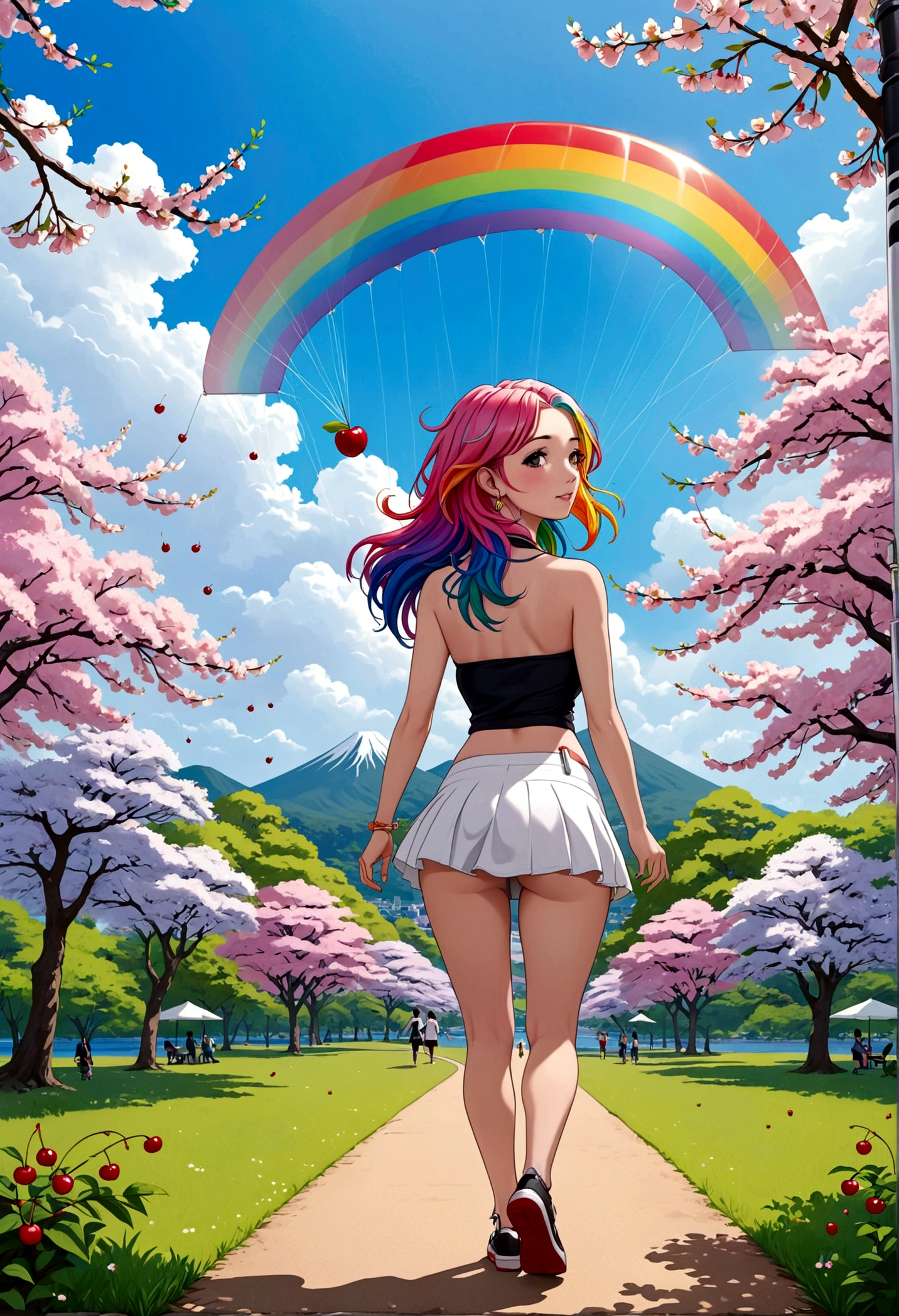 A lovely woman (miniskirt, rainbow hair, tube top, parasail) is a tourist in Japan, she is walking through a park while the cherries are in bloom, view from behind
