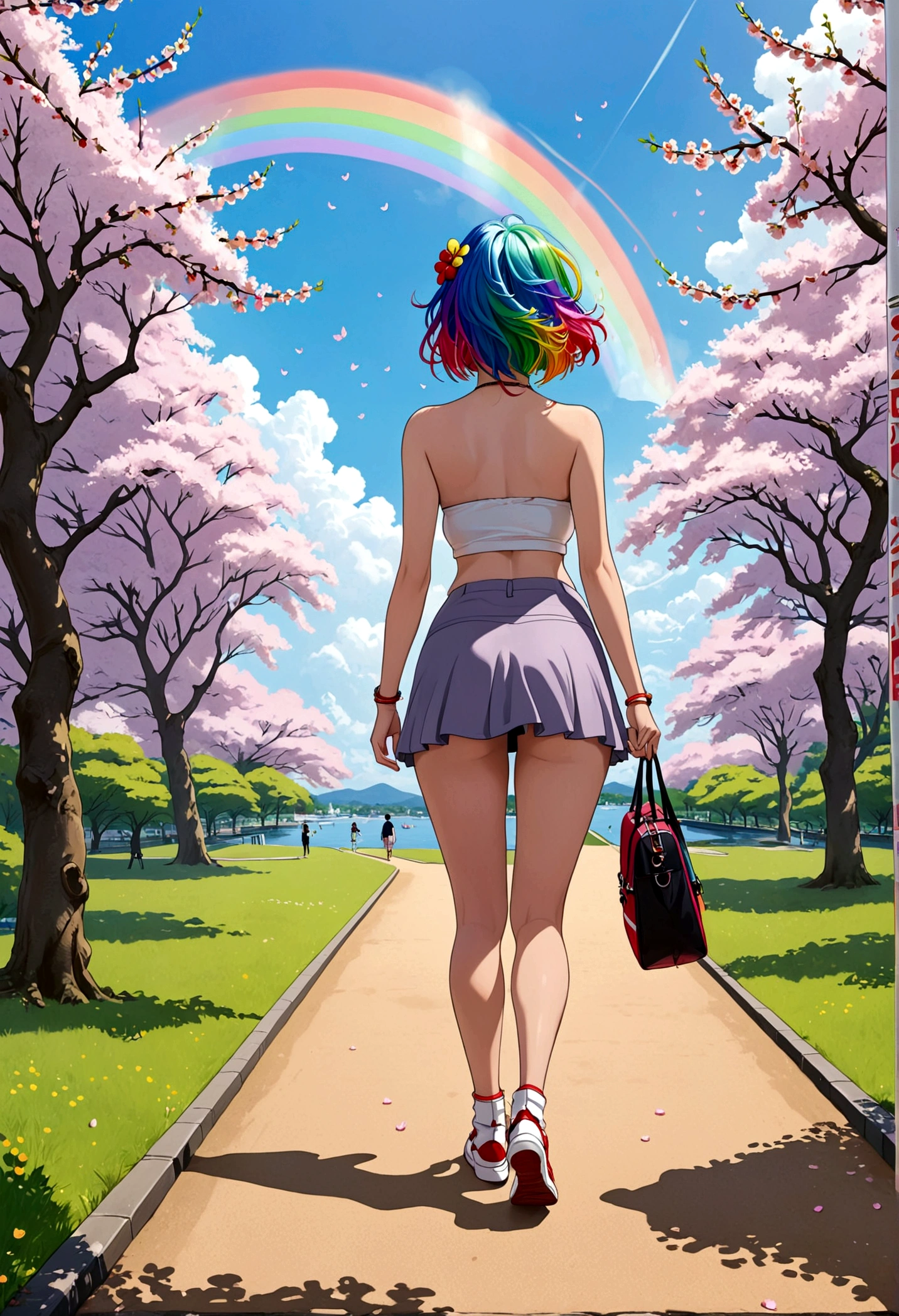 A lovely woman (miniskirt, rainbow hair, tube top, parasail) is a tourist in Japan, she is walking through a park while the cherries are in bloom, view from behind