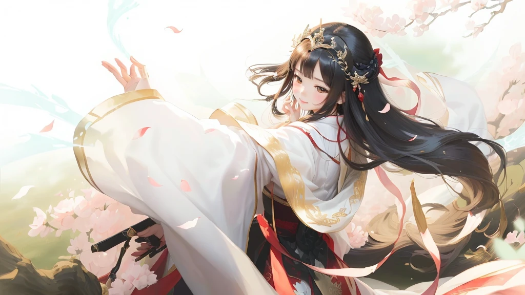 A woman in a white dress、Close up of lady wearing red ribbon, Full body fairy, palace , Girl wearing Hanfu, heise jinyao, Long flowing hair and robes, Full body martial arts, Inspired by Ma Yuanyu, Chinese Princess, Onmyoji detailed art, ((Beautiful fantasy queen))