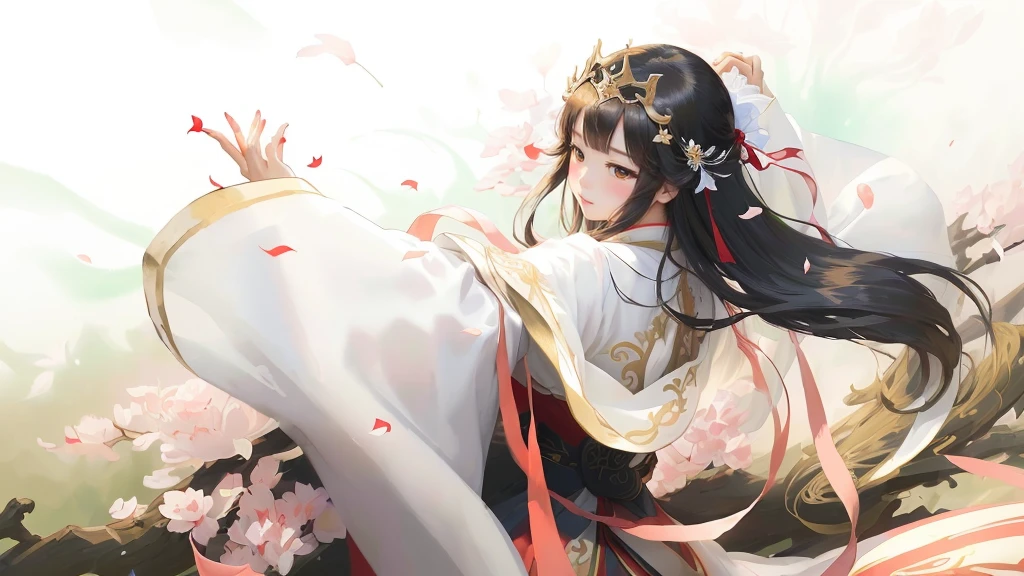 A woman in a white dress、Close up of lady wearing red ribbon, Full body fairy, palace ， Girl wearing Hanfu, heise jinyao, Long flowing hair and robes, Full body martial arts, Inspired by Ma Yuanyu, Chinese Princess, Onmyoji detailed art, ((Beautiful fantasy queen))