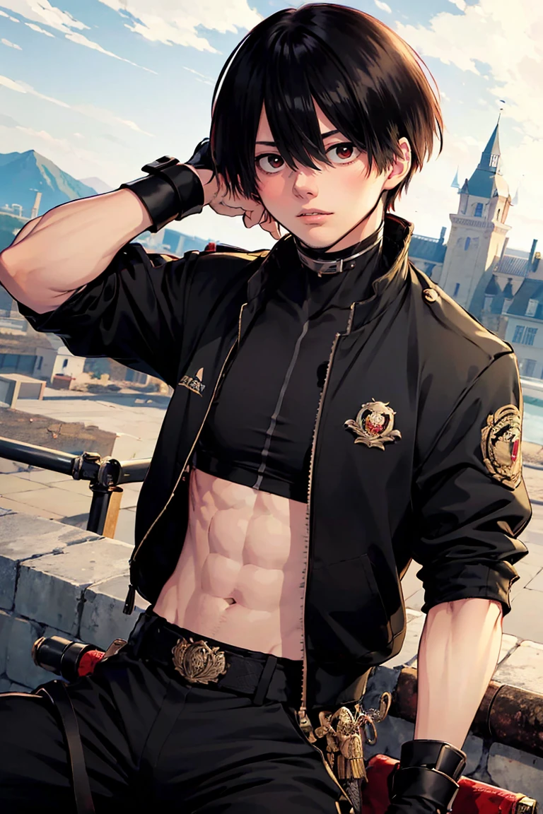 (masterpiece, best quality:1.2), rekkyou sensen,rekkyo sensen, hasuichi nishizono ,black hair, red eyes, boy, male, anime,1boy, bangs, hair between eyes, jacket, looking at viewer, male focus, short hair, solo, zipper, black underwear, silver choker, background with((fantasy world, ruin, castle, beautiful sky, shining sky, sunshine))