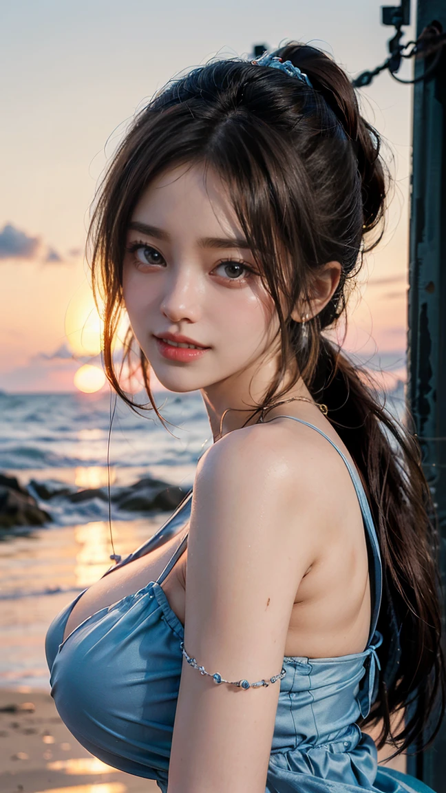 (Masterpiece, BestQuality:1.3), (ultra detailed:1.2), (hyperrealistic:1.3), (RAW photo:1.2),High detail RAW color photo, professional photograph, (Photorealistic:1.4), (realistic:1.4), ,professional lighting, (japanese), beautiful face, (realistic face), cute woman, (Big Breasts:1.5), (cheerful Smile:1.5), Trending Hair&Trending Hairカラーをランダムに, earrings, necklace, bracelet, sexly, erotic sexly, Random sexy gravure poses, (((A woman in a blue chiffon dress、She is posing sexy with a happy smile against the backdrop of the sunset beach.。Brown hair ponytail swinging。:1.2), Beautiful location, (Detailed Background), Random composition)