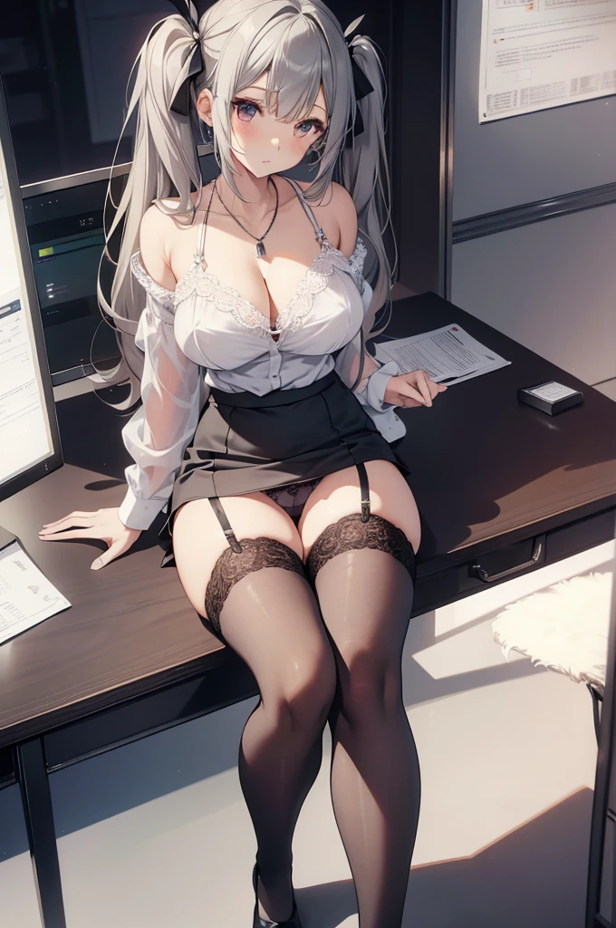 masterpiece, Highest quality, pretty girl,Gray Hair,Small breasts, skinny,hair ornaments, Twin tails,Large areola,Erect nipples,Big panties,blouse,,Lace pattern stockings, necklace, skinny ,,((Showing panties)),Office worker sitting on a chair,Half-taken off pencil skirt