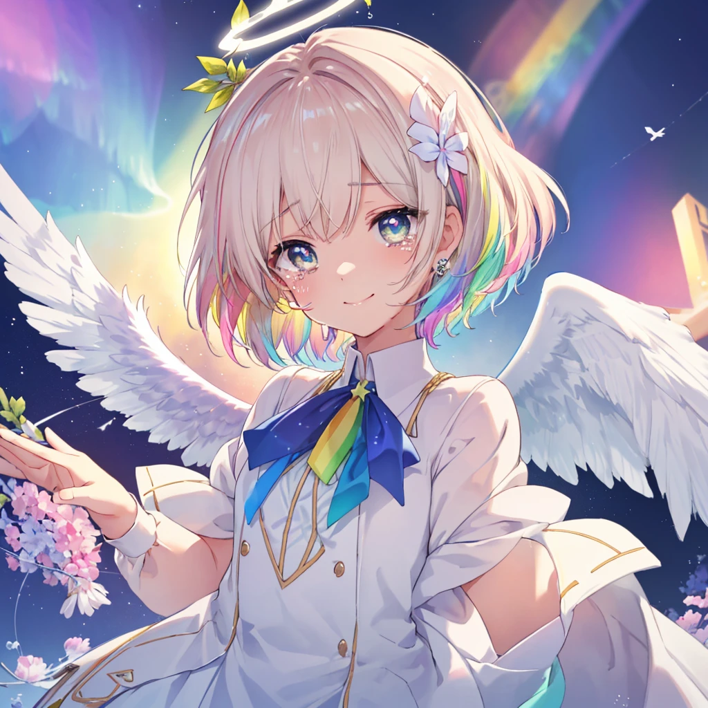 (((Extreme close-up tears smile Low - Angle Dove of peace Angel Halo Flying notes))) ((輝くtears Rainbow Eyes Short Hair Receiving the light Rainbow light Aurora Reach for the top Open your mouth)) (Shining Edge Pillar of Light)