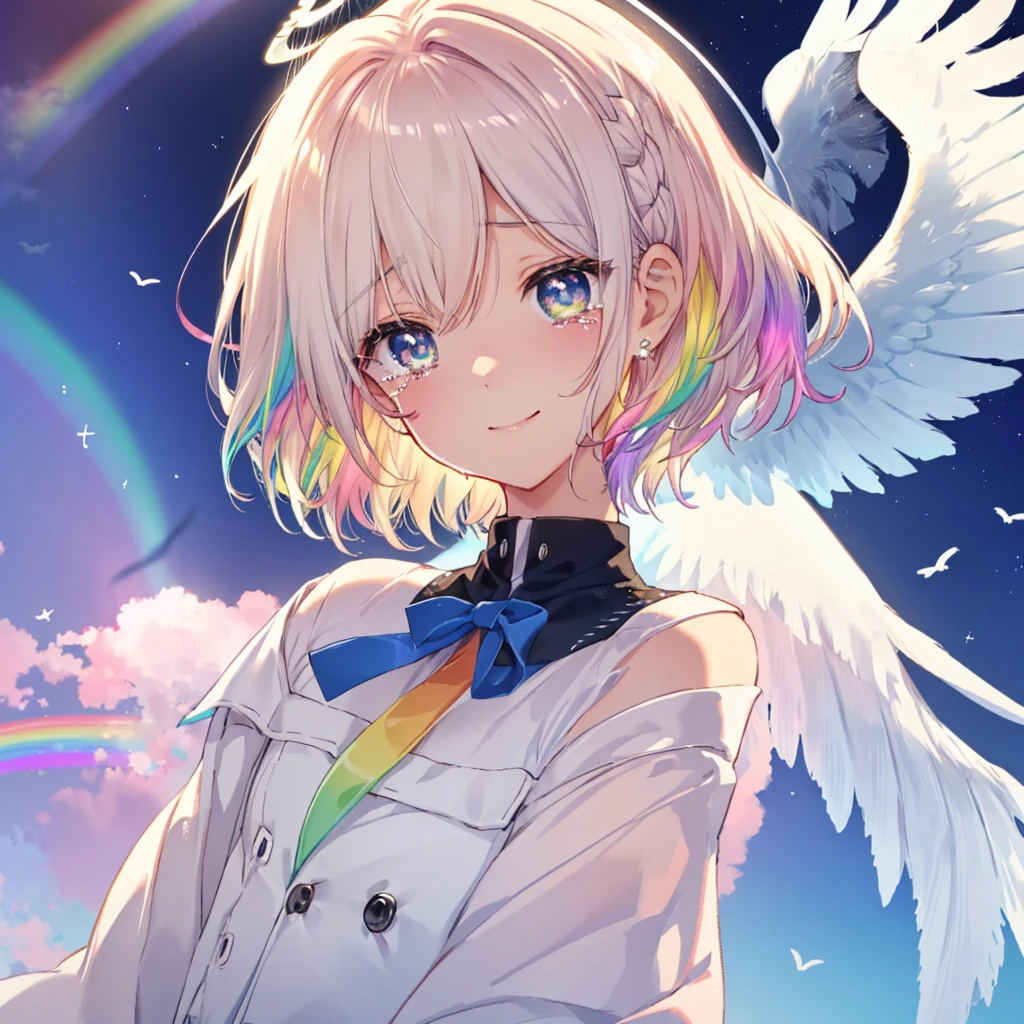 (((Extreme close-up tears smile Low - Angle Dove of peace Angel Halo Flying notes))) ((輝くtears Rainbow Eyes Short Hair Receiving the light Rainbow light Aurora Reach for the top Open your mouth)) (Shining Edge Pillar of Light)