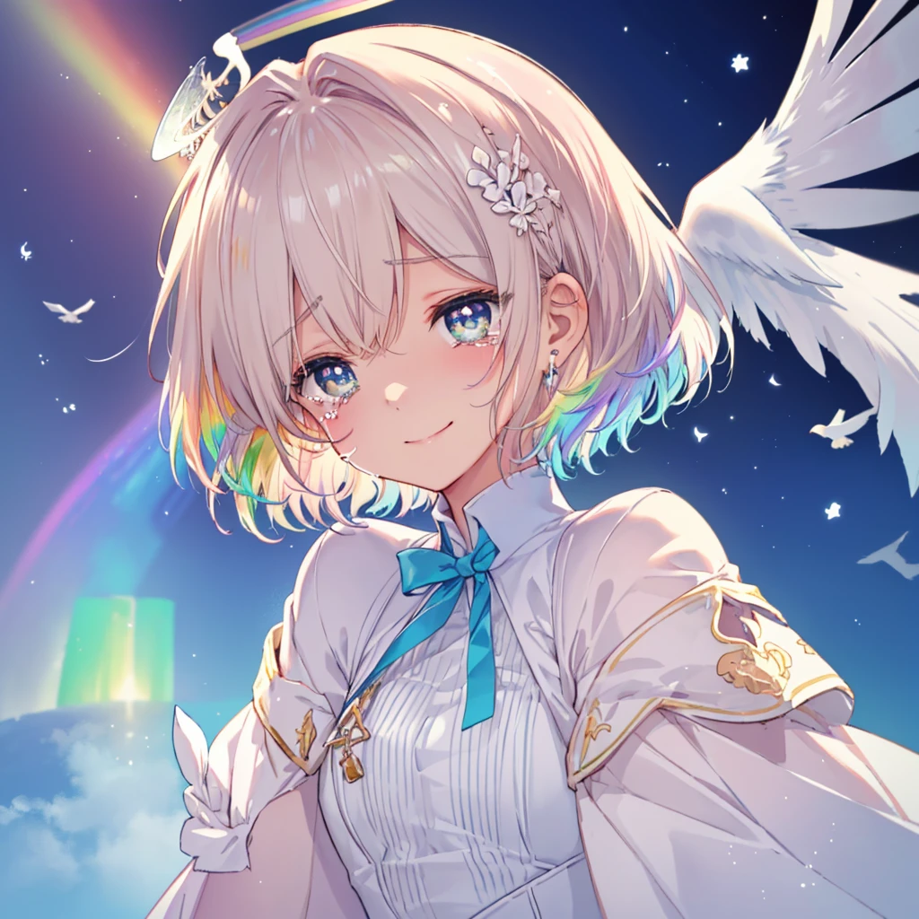 (((Extreme close-up tears smile Low - Angle Dove of peace Angel Halo Flying notes))) ((輝くtears Rainbow Eyes Short Hair Receiving the light Rainbow light Aurora Reach for the top Open your mouth)) (Shining Edge Pillar of Light)