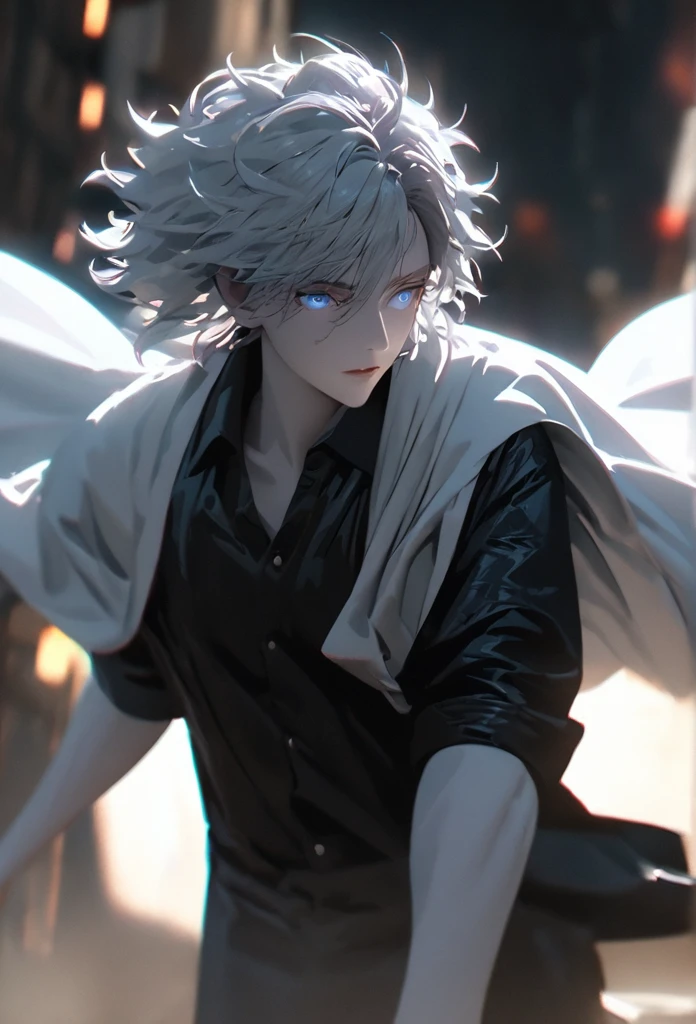 (solo), white hair, messy hair, mane hair, short hair, dense hair, wild hair, expressive hair, mature,(25 year old), pale skin, blue eyes, ((male)), wearing a black dress shirt, wearing a white cloak,, rolled up sleeves, handsome, attractive, eye reflection, depth of field, blue thunder aura, blue cinematic lighting, blue ray tracing, depth of field, cinematic lighting, blue ray tracing, UHD, high details, best quality, highres, high quality, award winning, super detail, masterpiece, 8k, UHD, high details, best quality, highres, high quality, award winning, super detail, masterpiece, 8k, digital art, anime coloring, full body shot, body shot, In a fighting position, Hand to hand combat, good face, perfect face, detailed face, good eyes, looking towards the screen.