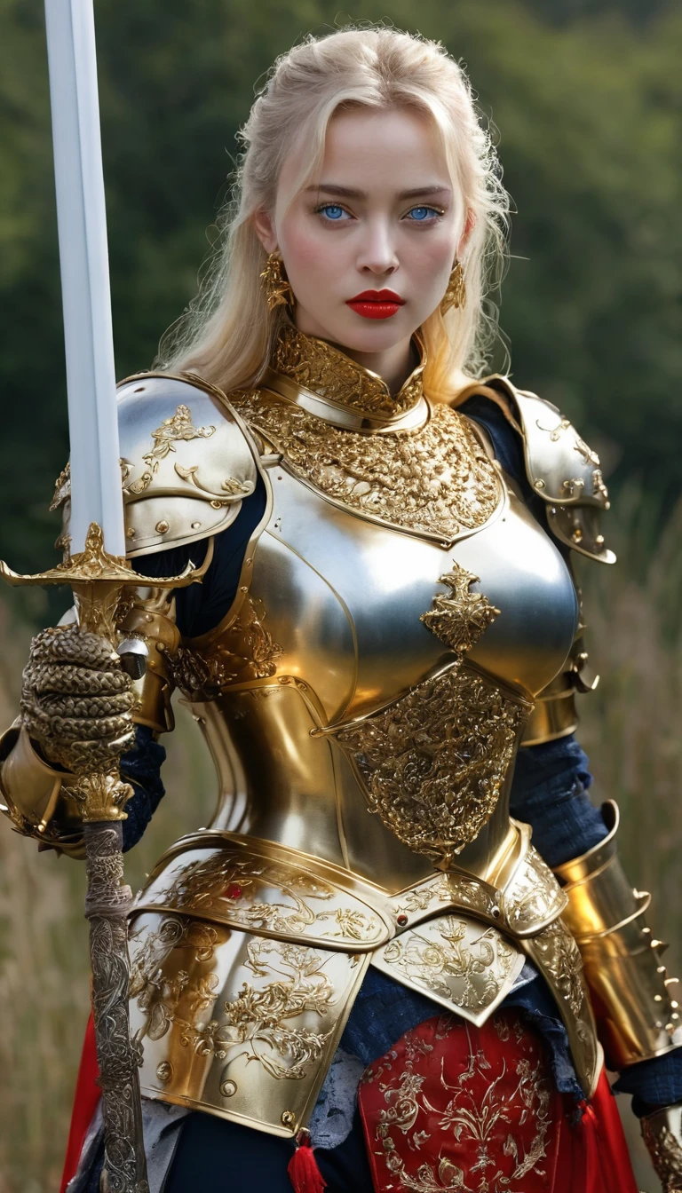 masterpiece,Highest quality,wonderful,(Female Knight_Female Knight:1),(Full body golden armor:1.3), (35歳のFemale Knight:1.3),、Big and ample breasts, Big Breasts,Big Breasts,belly button,Hyper Real,中世ヨーロッパの都市のbattlefieldにいる,Expressionless,、British women、Delicate skin texture to the smallest detail 、(Detailed blue eyes)、(Chubby body type))、(Very large)、Middle-aged women、(ふわふわblondeの長い髪)、Wheat tanned skin、(blonde)、Very large、European Female Knight、Big Breastsの谷間、豪華に装飾されたFull body golden armor、Medieval witch、High Leg、Golden long boots with flashy decorations、Deep neckline、Pure gold and jewellery necklaces and collars、Big gold earrings、Bright red lips、豪華なFull body golden armorを着て、Gold Long Gloves、She has a big long sword、The sword is ornately decorated..........................、The blade is pitch black、(Female Knight)、(battlefield)、