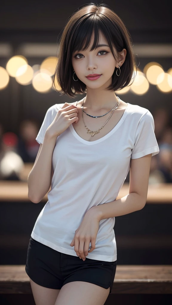 8K,(RAW photos),(best quality), (Photo-realistic:1.4),Realistic skin texture 1girl,Lovely,Double eyelids,Bangs,whole body,,Thin legs,(fit),Slim,Smile,short hair,earrings,necklace,Watch and look at the audience,Face Focus,Depth of Field,club ,(Chest close-up:1),Bokeh,,Light T-shirt,Black shorts