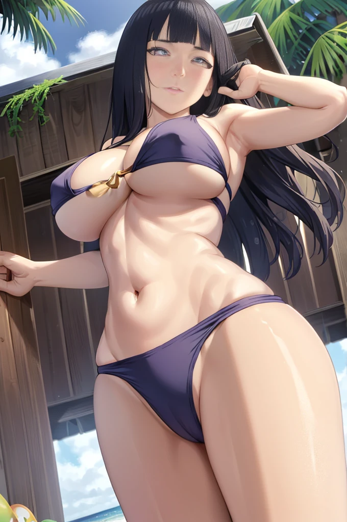 Top quality, masterpiece, from_below, look_at_viewer, look_down, masterpiece, highly detailed 8k CG unit, movie lighting, Miao Qingqing, 1 girl, swimsuit, solo, slot machine, chest, sun, sky, cleavage, clouds, single blade, dark blue hair, casual one-piece swimsuit, white one-piece swimsuit, big, hair over the shoulder, cowboy shot, from below, from the front, looking at the viewer, Chamale, jumping, dynamic poses, turning to the viewer, huge breasts, huge buttocks, curvaceous, thick thighs, hair camel toe, blush, sweat drops, standing, hands covering the chest, beach, sea, sunlight,