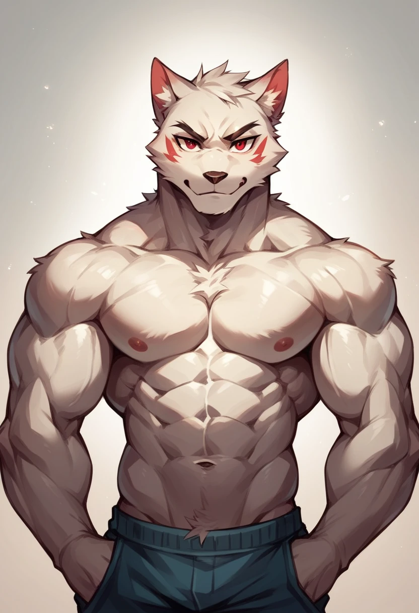 Sexy toned super muscular anthropomorphic cat with red eyes