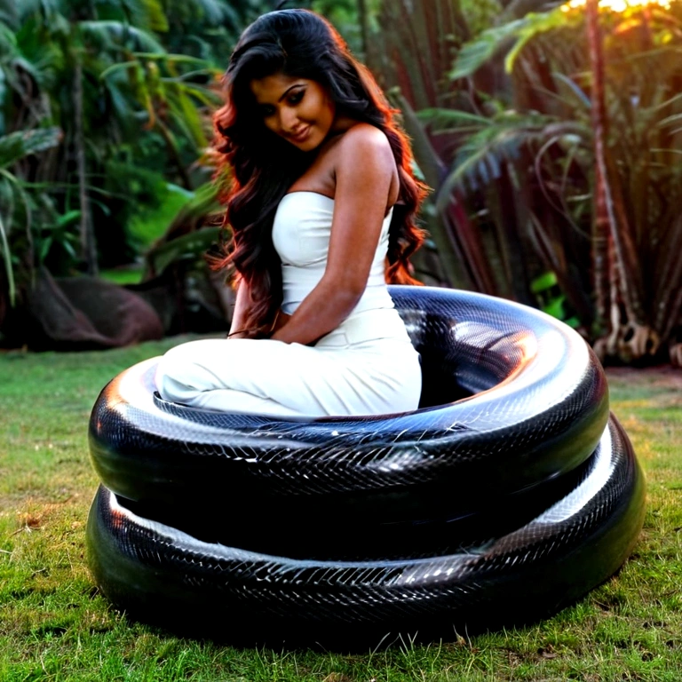 Happy Horny, aroused 1girl), beautiful kneeling indian thick young teen girl with giant colossal black titanboa squeezing her hard, wrapped in thick spiraling coils, constricted, struggle, gasping for air, snake attack, snake peril, moonless night, dim light