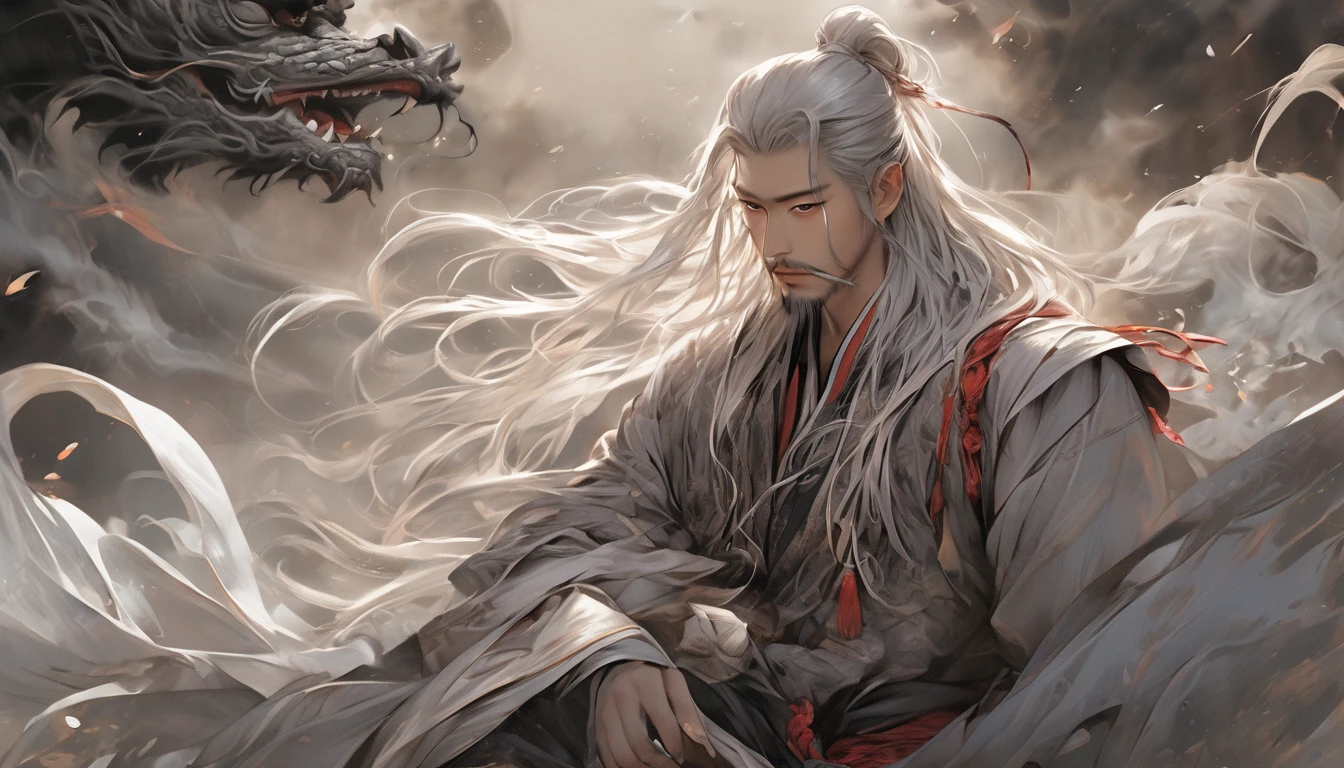 Line art drawing comic a perfect handsome male, Clear Face,  Hanfu, Long white hair, Long Beard, Top Knot, Upper Body, Fine grain, Detailed face,Perfect hand-crafted detail,
cast (unfathomable,Bamboo Flooring,Dragon Fire Glass Panel Brownian Motion,Diagonal lines,Zenith angle,Dust storm,Superfluid,ball,oval ,Flowing magic:1.0)| Wizard, (Vibrant,Illuminate,Enthusiast,cycle,Bronze Red,Chrome Yellow Arcanum,Dazzling,shine ,liquid crystal,Space dust,Teleport,The Magic of Dashed Lines:1.0) Purification spell, Trace the symbol on the parchment with a quill, Precisely craft a spell, Astral Sparkle, Simple Positive XLv1, Ultra-high resolution, wallpaper, 8K,Richly textured details, Elevation, A magnificent composition, . graphic illustration, Comic art, graphic novel art, Vibrant, Very detailed . Professional, Sophisticated, Modern, Minimalist, graphic, Line art, vector graphics