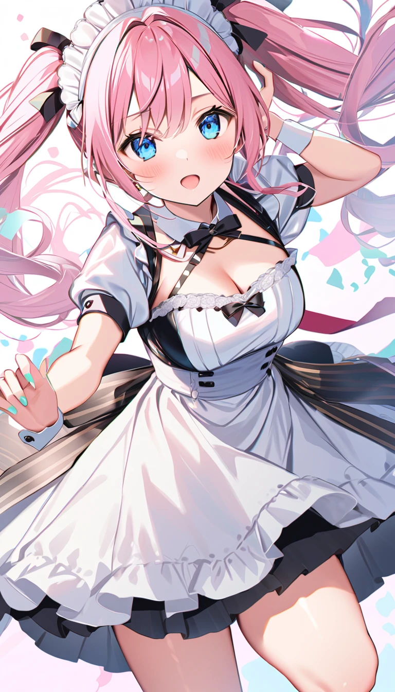 メイド、dynamic pose、pink hair, aaaqua, Twin-tailed, Maid headdress, cleavage, Short sleeves, Wrist cuffs ,Bakua, White jacket, Long sleeves