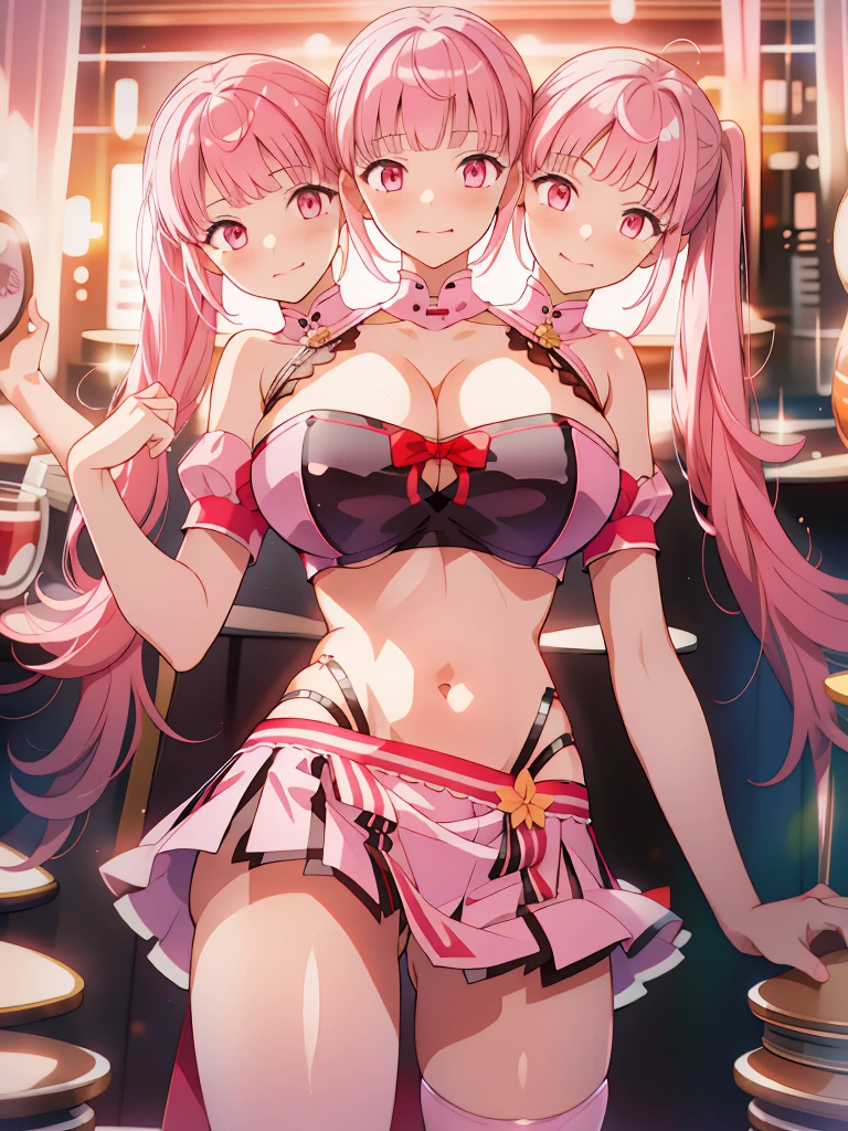 (masterpiece, best quality), best resolution, (3heads:1.5), 1girl, pink hair, twintails, smug, open belly, white crop top, white miniskirt, open breasts, huge tits, 