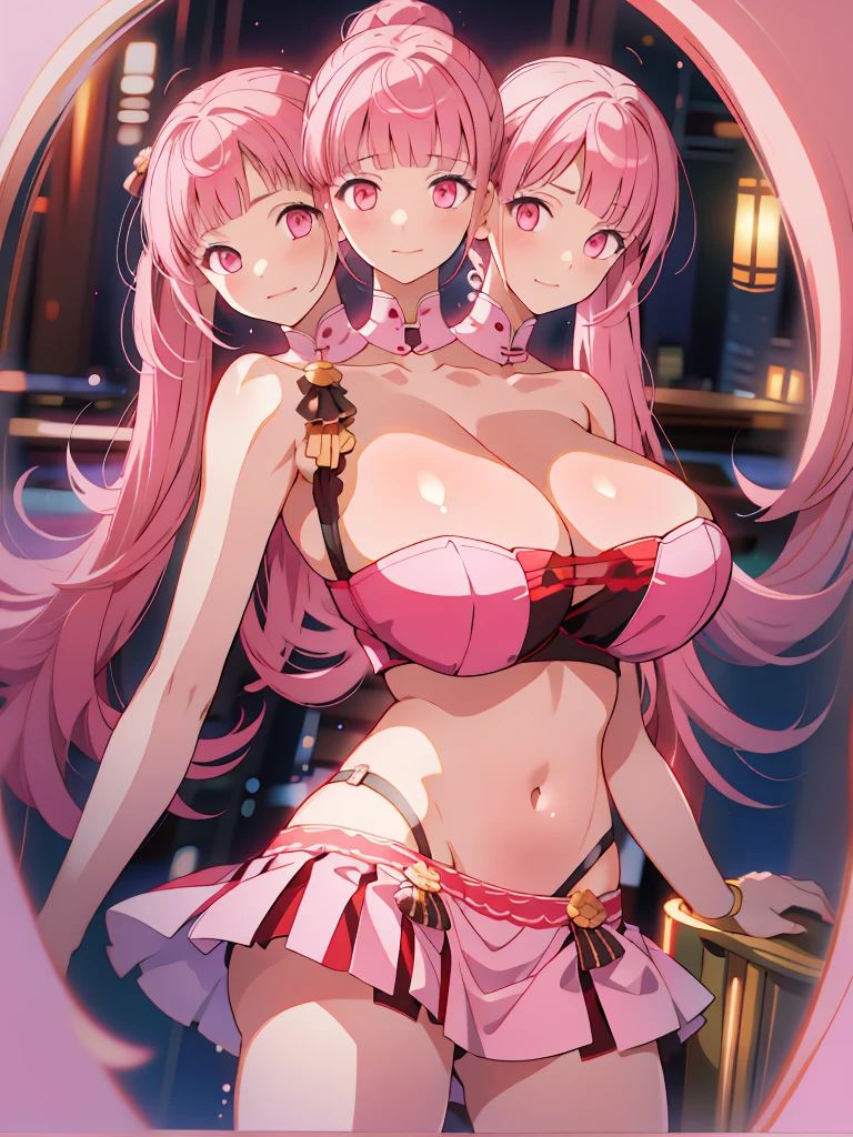 (masterpiece, best quality), best resolution, (3heads:1.5), 1girl, pink hair, twintails, smug, open belly, white crop top, white miniskirt, open breasts, huge tits,