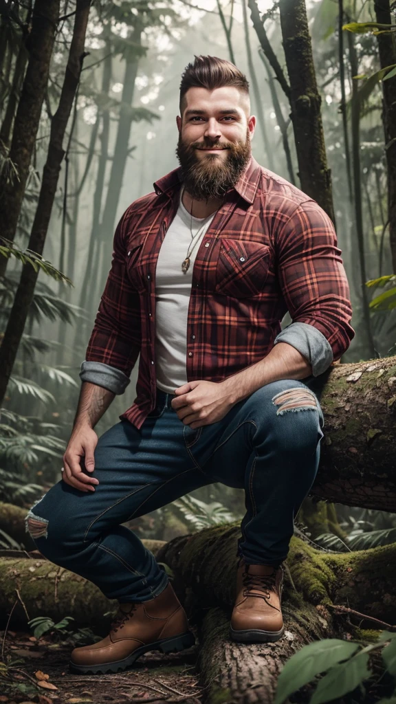 lumberjack with a large beard, well-cut hair with white streaks, wearing a long-sleeved red plaid shirt, ripped jeans, full body, crouched, looking forward, smiling, in a paradisiacal forest. high definition photo, 8K image, kodak, Nikon.