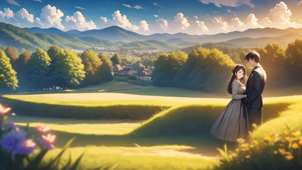 Country town Evening cityscape Handsome and beautiful couple Standing shoulder to shoulder, looking into the distance