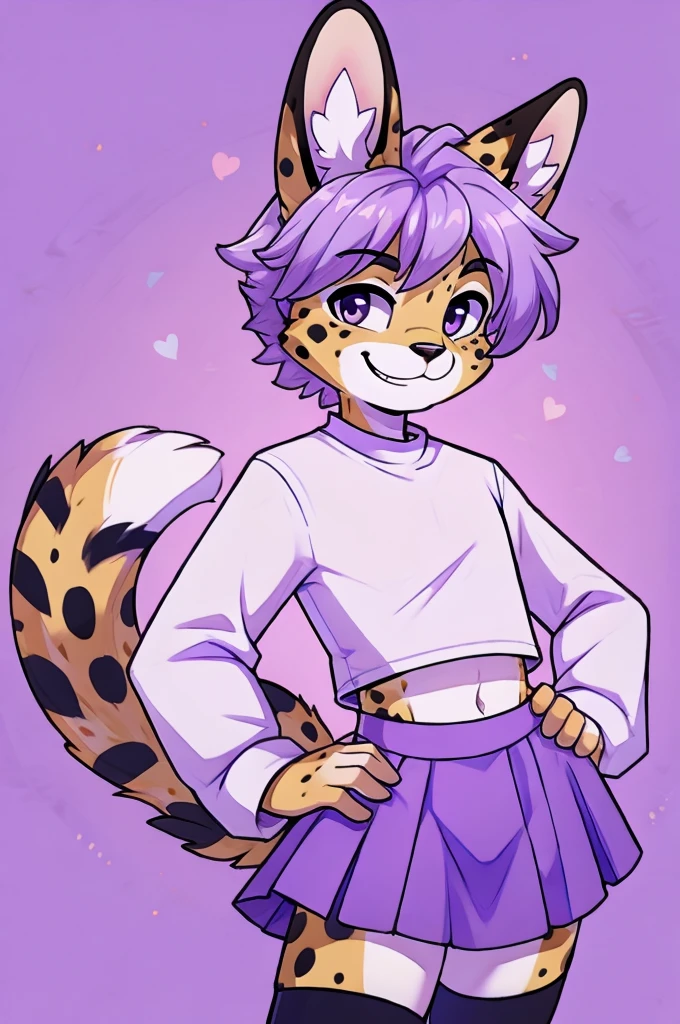 male anthro furry, teenage boy, serval, lavender colored skirt, white thigh high socks, white long-sleeve crop top, cute pose, smiling, light purple hair with black spots, hands on hips, cute smirk on face