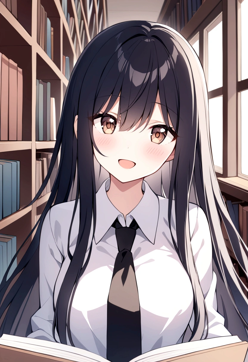 slender, mature female,rating:safe, blurry, book, long_hair, 1girl, blurry_background, depth_of_field, blush, solo, :d, brown_eyes, eyebrows_visible_through_hair, smile, open_mouth, bangs, shirt, bookshelf, indoors, white_shirt, hair_between_eyes, bow, looking_at_viewer, black_hair, black_bow, collared_shirt, upper_body, black_neckwear, blurry_foreground, black_ribbon, holding, day, library, sidelocks, very_long_hair, long_sleeves, open_book, chair