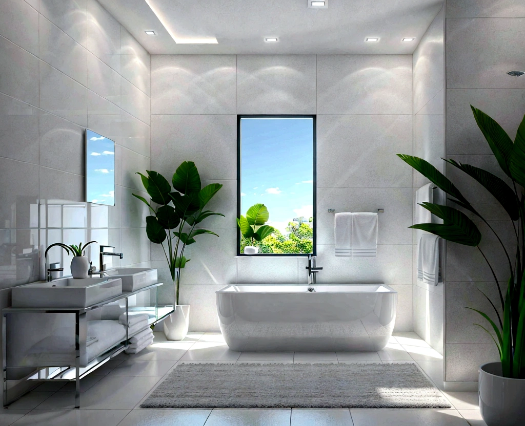 a clean and modern bathroom, detailed tiles, (white wall), white floor, a glass shower enclosure, plush white towels, a potted plant, natural lighting, a wooden vanity, a stone countertop, (best quality,4k,8k,highres,masterpiece:1.2),ultra-detailed,(realistic,photorealistic,photo-realistic:1.37),interior design,architectural visualization,clean,minimalist