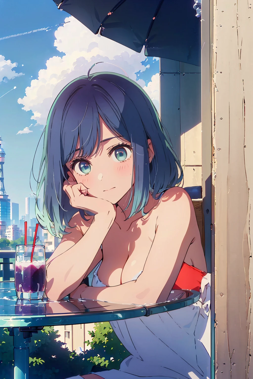 (Highest quality:1.4、8K:1.4、detailed)、F cup bust、Big Breasts、Slim body、Very white beautiful skin、((((1 person、Surprised expression、sit、Chair、In the background are the urban buildings of Tokyo、looking at the camera、Outdoor café terrace、Navy hair color、juice、Shooting up close、Shooting from an angle、table、Very cute face))))、((((nude、Areola))))、(Hand touching cheek pose:1.4、Cheek resting on hand:1.4)、(Off-the-shoulder bath towel)、Very blue sky、A completely cloudless sky