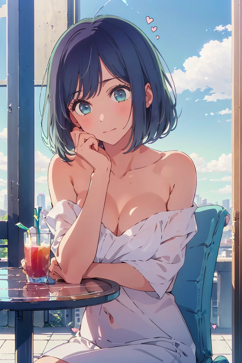 (Highest quality:1.4、8K:1.4、detailed)、F cup bust、Big Breasts、Slim body、Very white beautiful skin、((((1 person、Surprised expression、sit、Chair、In the background are the urban buildings of Tokyo、looking at the camera、Outdoor café terrace、Navy hair color、juice、Shooting up close、Shooting from an angle、table、Very cute face))))、((((nude、Areola))))、(Hand touching cheek pose:1.4、Cheek resting on hand:1.4)、(Off-the-shoulder bath towel)、Very blue sky、A completely cloudless sky