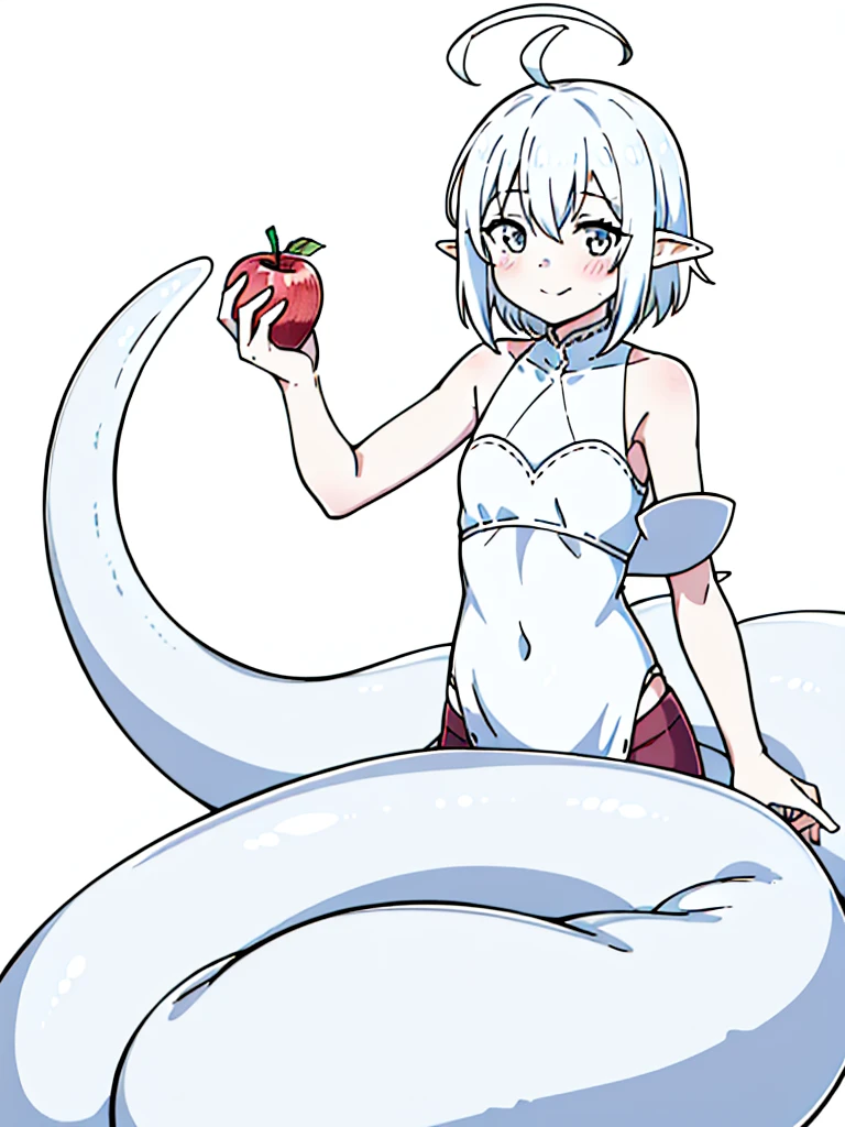 1girl,9s,kid,smile,short hair,white hair,ahoge,lamia tail,white lamia tail,(white background),pointy ears,sleeveless,happy,cute,blush,eating a apple,upper body