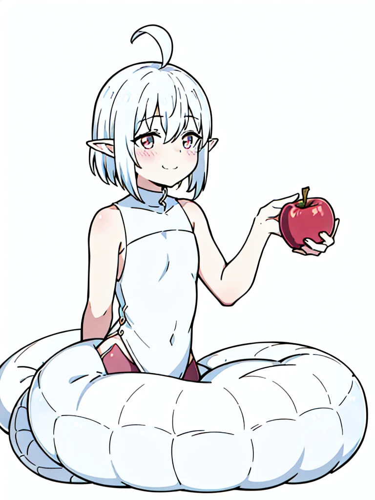 1girl,9s,kid,smile,short hair,white hair,ahoge,lamia tail,white lamia tail,(white background),pointy ears,sleeveless,happy,cute,blush,eating a apple,upper body