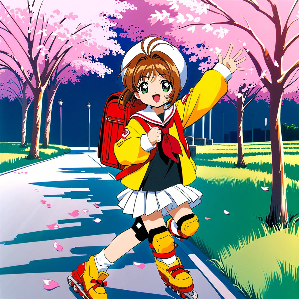roller skate, One girl, Annoying, Brown Hair, kinomoto sakura, white skirt, inline skate, skate, Uniforms of Tomoeda , cherry blossoms, , skirt, Green Eyes, White Hat, bag, Backpack, Open your mouth, Have, 1990s (style), petal, short hair, smile, retro artstyle, pleateD skirt, Hair ties, :D, Knee pads, whole body, bangs, View your viewers, Seraphim, Antenna Hair, woman , hair ornaments, Living things, black shirt, wing, Long sleeve, neckerchief, Sailor collar, Outdoor, shirt, Day,