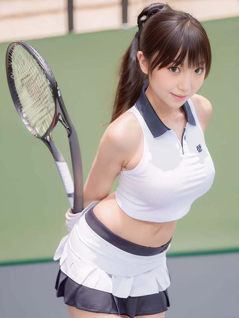 (((Masterpiece，highest quality，Highest quality，8K))),((Ultra-high resolution，Extremely detailed，detailed)，Hyper Quality，Beautiful Japanese woman in tennis wear, Female college student，tennis Club，gal，Detailed body line，Tennis court，tennis racket，Tennis ball，smile，Beauty，sexly，glamorous，tall，Bright brown hair，ponytail,Large Breasts,g-cup,Tight waist，BIG ASS,Sun visor,Sleeveless polo shirt worn next to bare skin(See-through fabric)，mini skirt(See-through fabric)，Knee-high socks，Skirt flip, (A female college student practicing in the tennis court.)