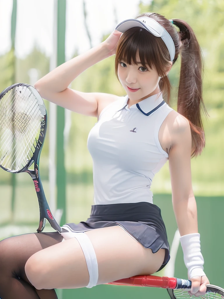 (((Masterpiece，highest quality，Highest quality，8K))),((Ultra-high resolution，Extremely detailed，detailed)，Hyper Quality，Beautiful Japanese woman in tennis wear, Female college student，tennis Club，gal，Detailed body line，Tennis court，tennis racket，Tennis ball，smile，Beauty，sexly，glamorous，tall，Bright brown hair，ponytail,Large Breasts,g-cup,Tight waist，BIG ASS,Sun visor,Sleeveless polo shirt worn next to bare skin(See-through fabric)，mini skirt(See-through fabric)，Knee-high socks，Skirt flip, (A female college student practicing in the tennis court.)